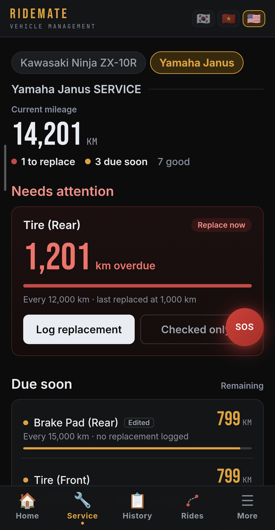 Replacement interval and remaining distance per part
