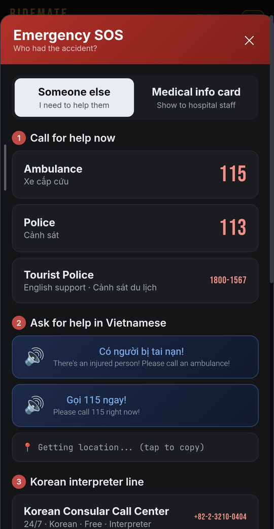 Emergency SOS — Vietnam hotlines and interpreter